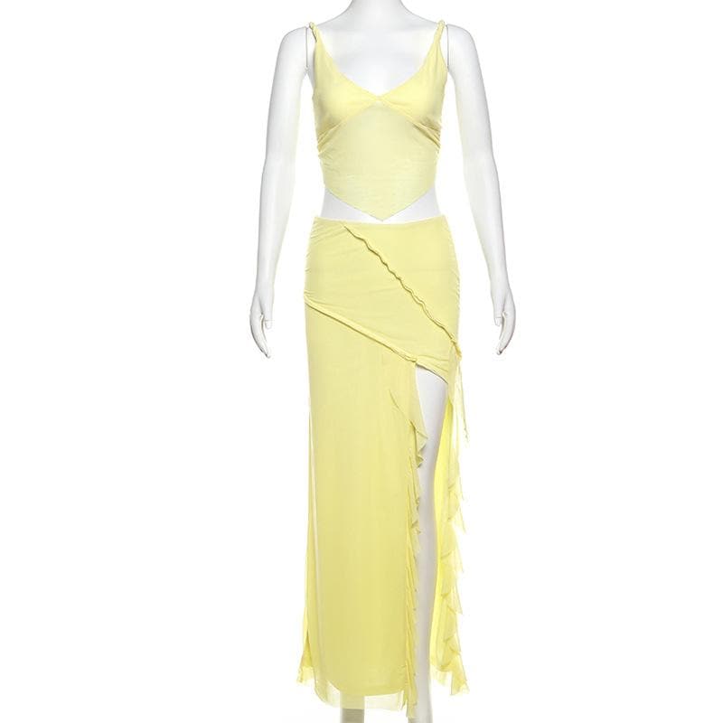 Golden Hour Glow: Breezy Yellow Mesh Cami & Ruffle Slit Maxi Skirt Set - Vacation & Resort Ready