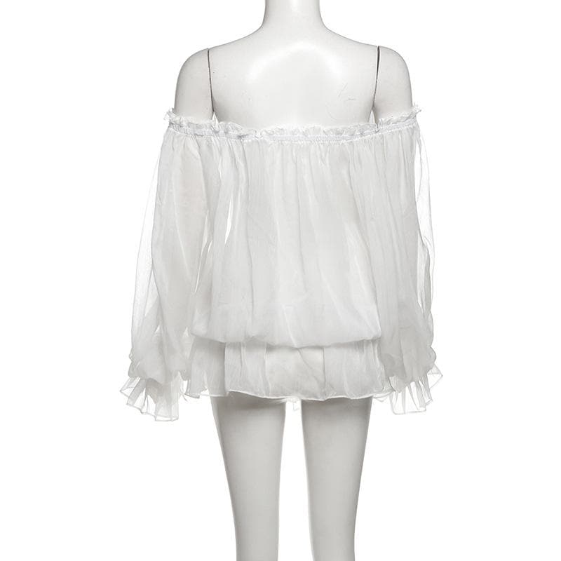 Romantic Sheer Off-Shoulder Blouse - Ethereal Ruffle Sleeve Top for Fall Evenings