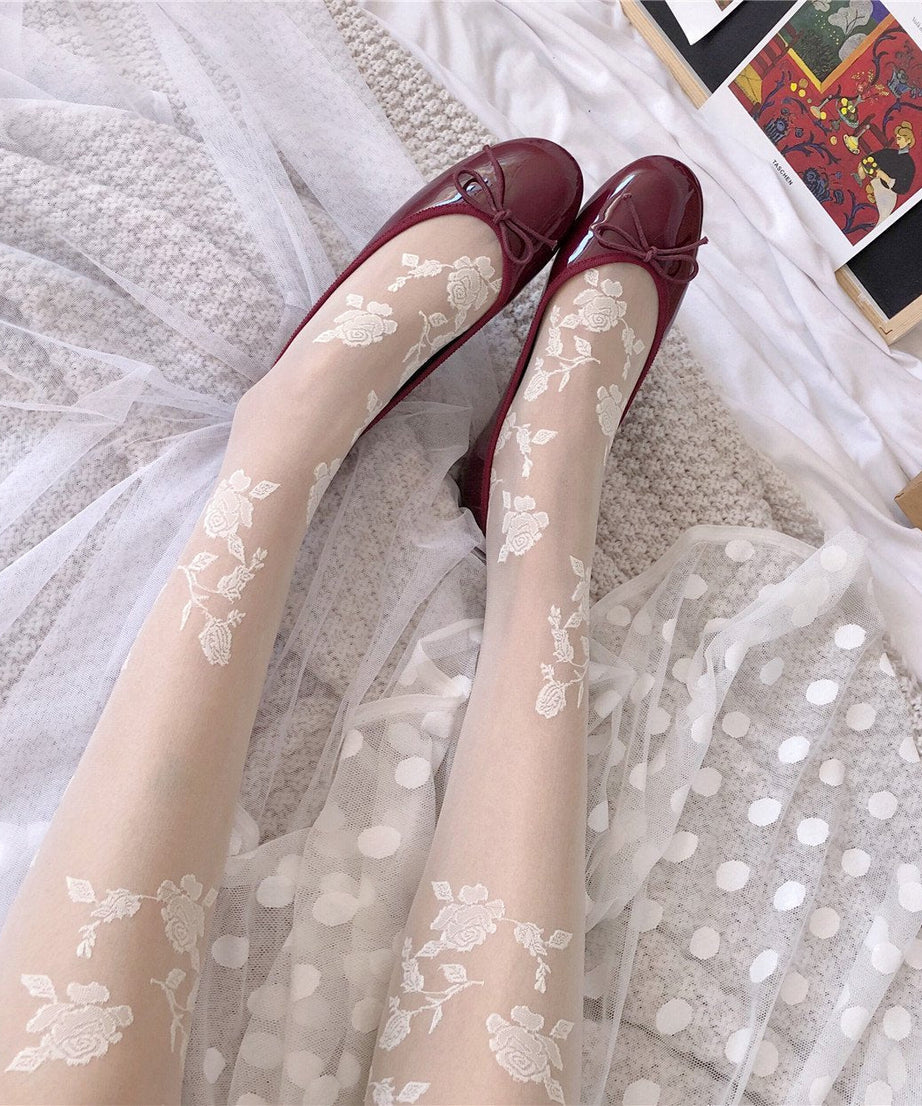 Delicate Autumn Bloom: Sheer Floral Embroidered Tights for Fall