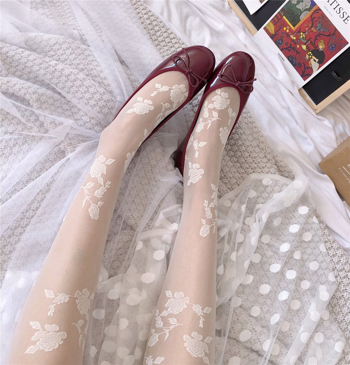Delicate Autumn Bloom: Sheer Floral Embroidered Tights for Fall