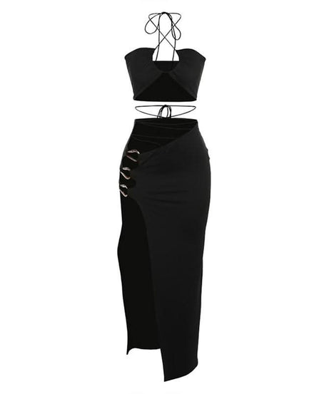 Y2K Goddess O-Ring Halter Crop Top & High Slit Maxi Skirt Set | Black Party & Vacation Wear