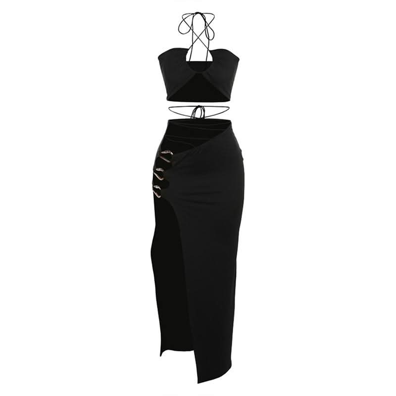 Y2K Goddess O-Ring Halter Crop Top & High Slit Maxi Skirt Set | Black Party & Vacation Wear