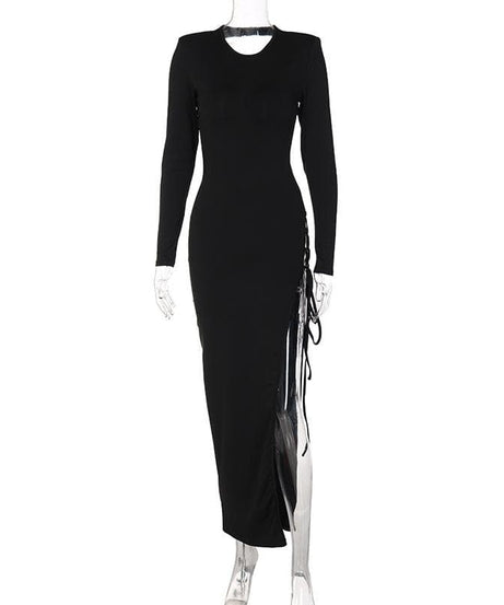 Chic Black Bodycon Maxi Dress | Adjustable Lace-Up Slit & Open Back | Long Sleeve Fall & Holiday Party Ready