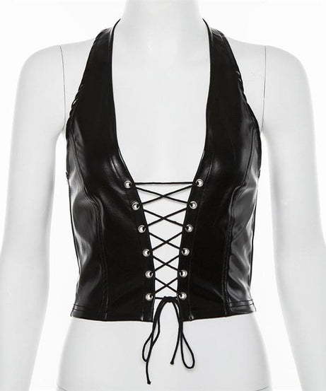 Fierce Black Faux Leather Halter Top - Lace-Up Corset Style for Fall, Halloween & Parties