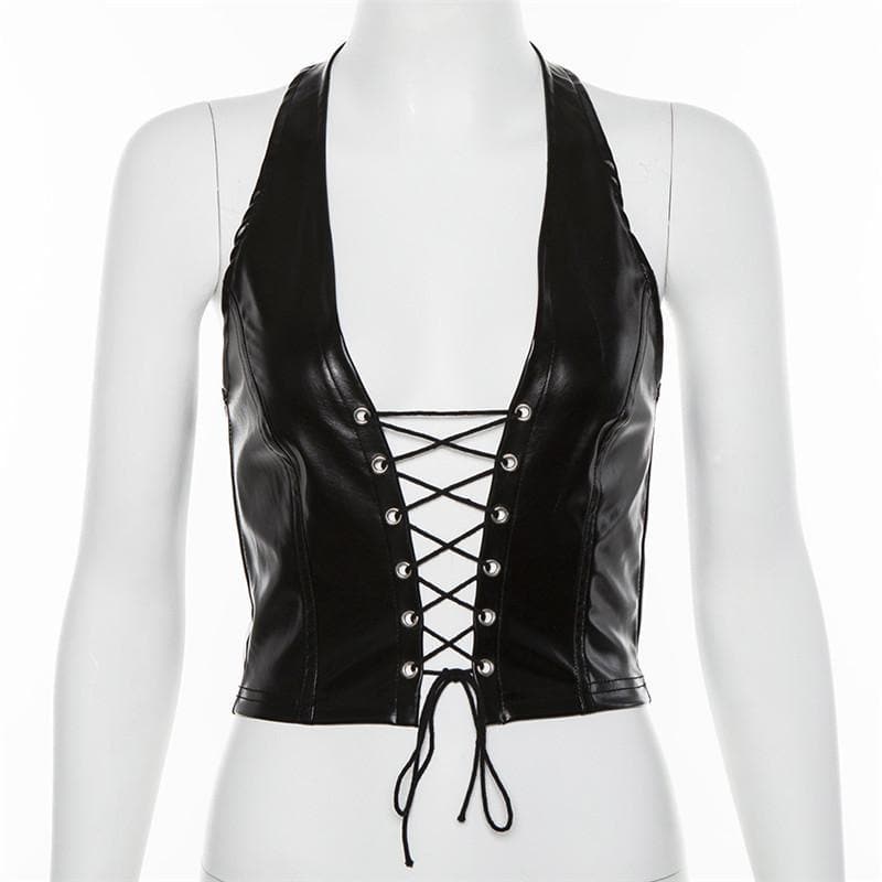 Fierce Black Faux Leather Halter Top - Lace-Up Corset Style for Fall, Halloween & Parties