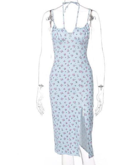 Romantic Blue Floral Midi Slip Dress with Slit - Sweetheart Neck, Perfect for Fall Dates & Resort Getaways