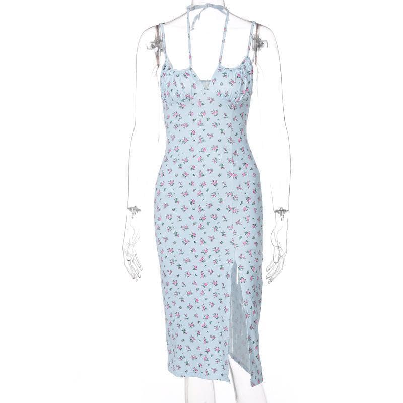 Romantic Blue Floral Midi Slip Dress with Slit - Sweetheart Neck, Perfect for Fall Dates & Resort Getaways