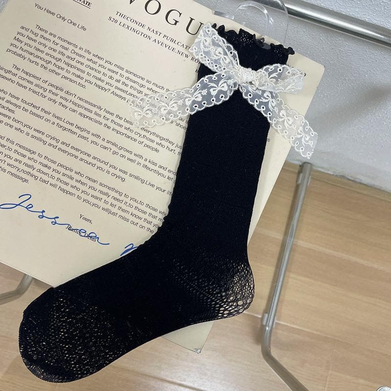 Delicate Lace Bow Ruffle Mid-Calf Socks – Enchanting Fall & Holiday Style