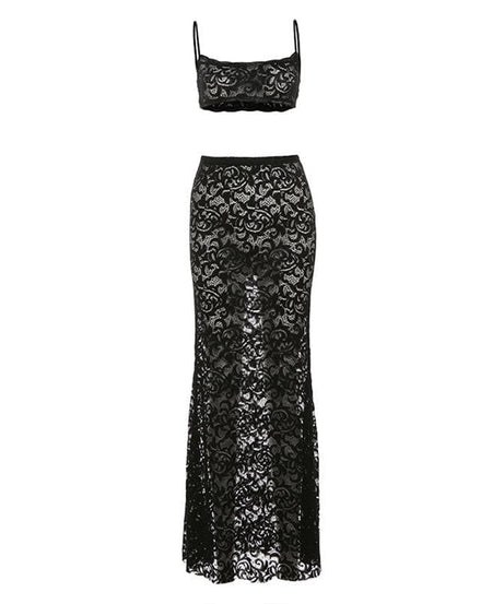 Bewitching Black Lace Sheer Maxi Set: Cami Crop Top & Skirt – Daring Style for Fall Nights & Holiday Glam
