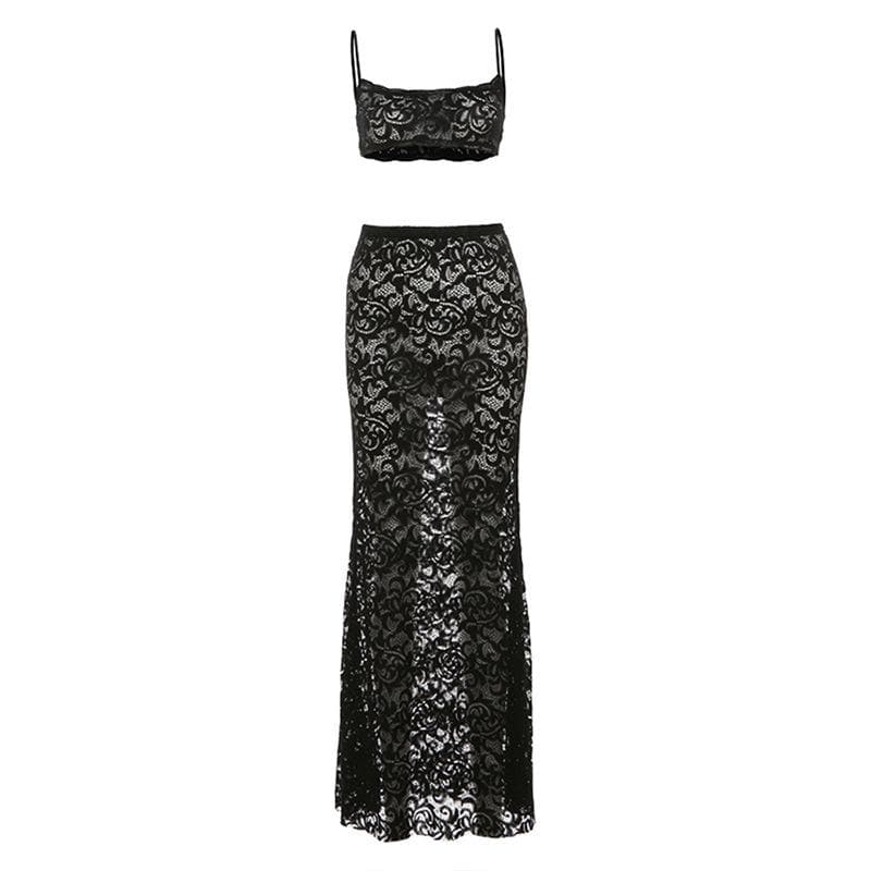 Bewitching Black Lace Sheer Maxi Set: Cami Crop Top & Skirt – Daring Style for Fall Nights & Holiday Glam