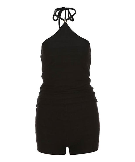 Effortless Chic: Black Halter Neck Backless Textured Shorts Set – Perfect for Fall Layering & Cozy Comfort