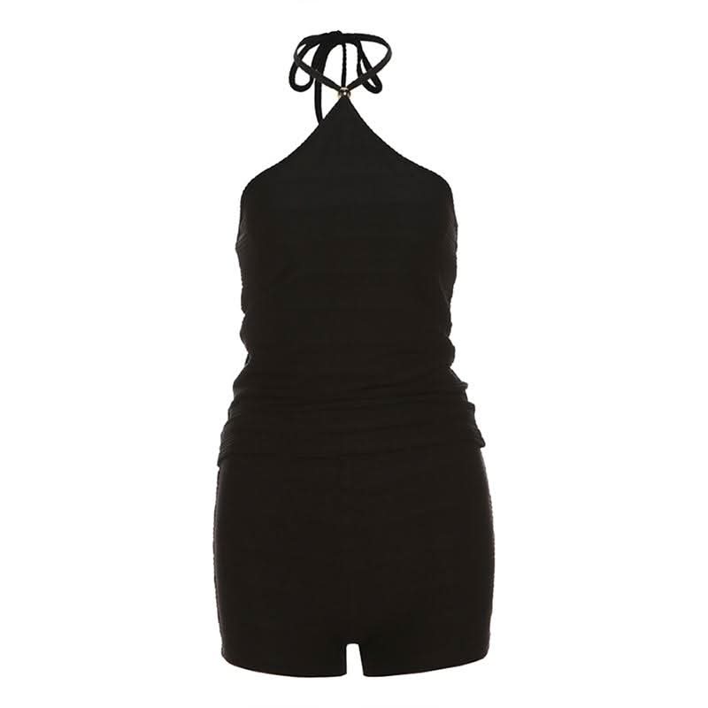 Effortless Chic: Black Halter Neck Backless Textured Shorts Set – Perfect for Fall Layering & Cozy Comfort