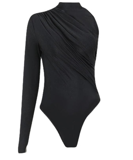 Effortless Fall Chic: Black One-Shoulder Ruched Bodysuit - Draped Mock Neck Style