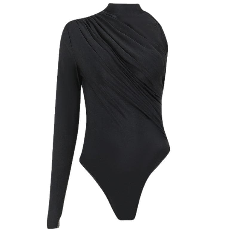 Effortless Fall Chic: Black One-Shoulder Ruched Bodysuit - Draped Mock Neck Style