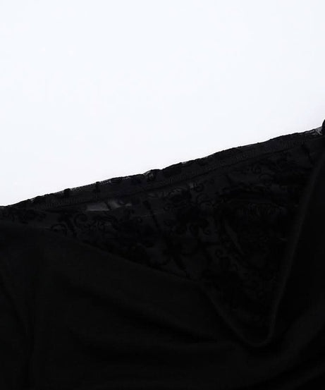 Fall Nights Edgy Chic: Black Lace & Mesh Off-Shoulder Long Sleeve Top for Women