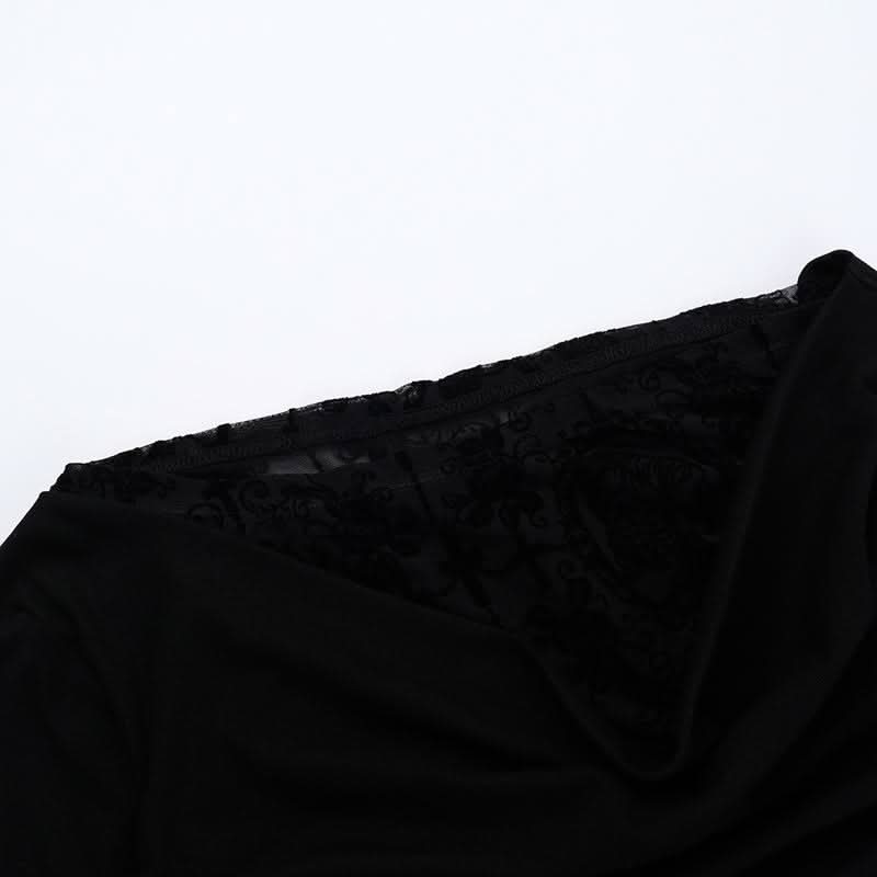 Fall Nights Edgy Chic: Black Lace & Mesh Off-Shoulder Long Sleeve Top for Women