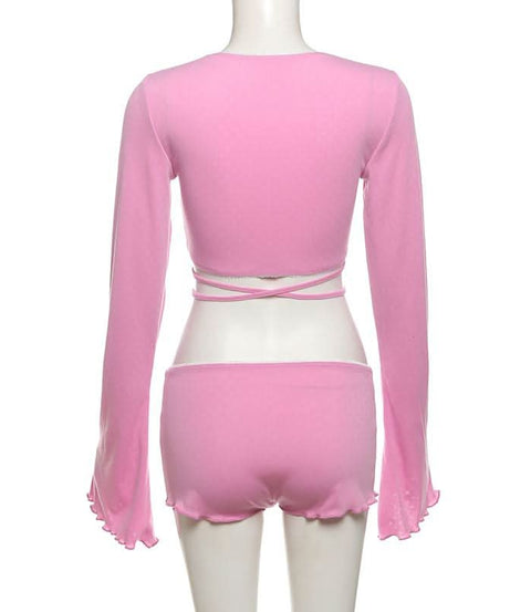 Cozy Fall Vibes: Sweet Cherry Pink Ribbed Wrap Top & Shorts Lounge Set