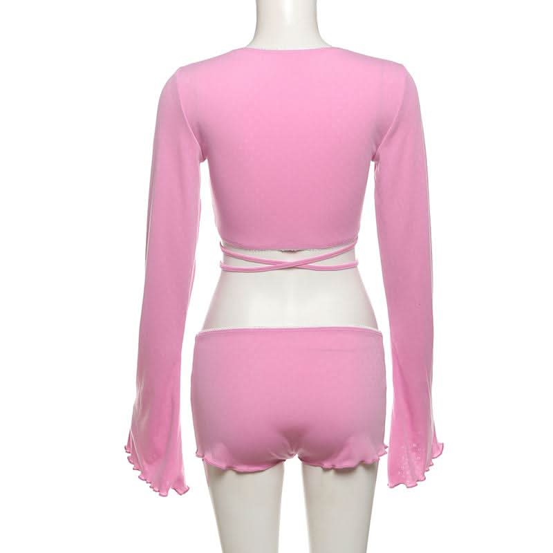 Cozy Fall Vibes: Sweet Cherry Pink Ribbed Wrap Top & Shorts Lounge Set