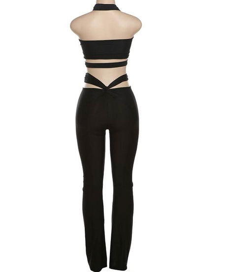 Y2K Black Strappy O-Ring Cutout Halter Top & Flare Pant Set - Perfect for Halloween & Fall Parties