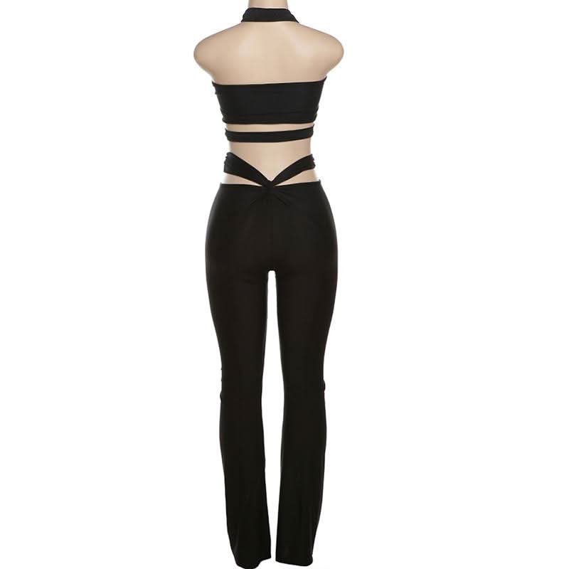 Y2K Black Strappy O-Ring Cutout Halter Top & Flare Pant Set - Perfect for Halloween & Fall Parties
