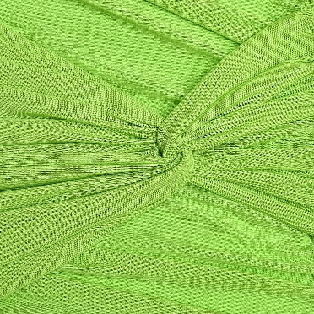 Electric Lime Ruched Mini Dress | Mesh Cutout Bodycon for Fall Parties