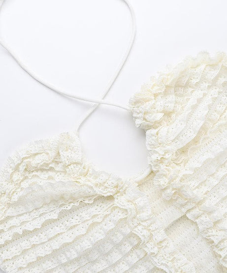 Chic White Ruffle Halter Mini Dress – Textured Bodycon for Fall Getaways & Parties