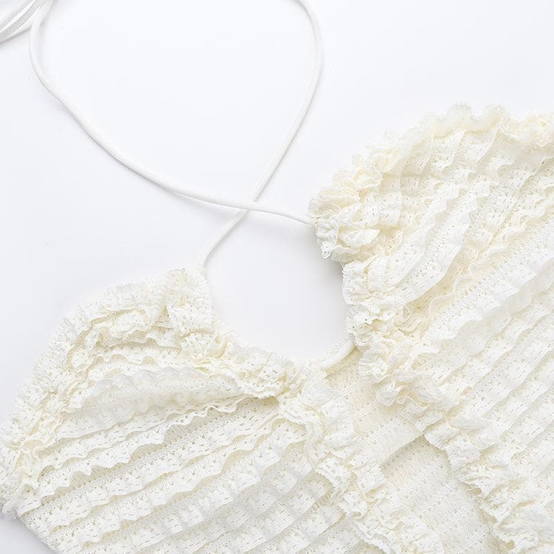 Chic White Ruffle Halter Mini Dress – Textured Bodycon for Fall Getaways & Parties