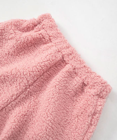 Cozy Chic Pink Sherpa Loungewear Set: Cropped Zip-Up Top & Comfy Shorts for Fall