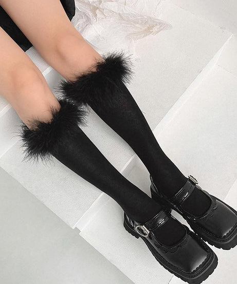 Luxe Feather-Trim Black Knee-High Socks - Autumn Glam & Halloween Ready!