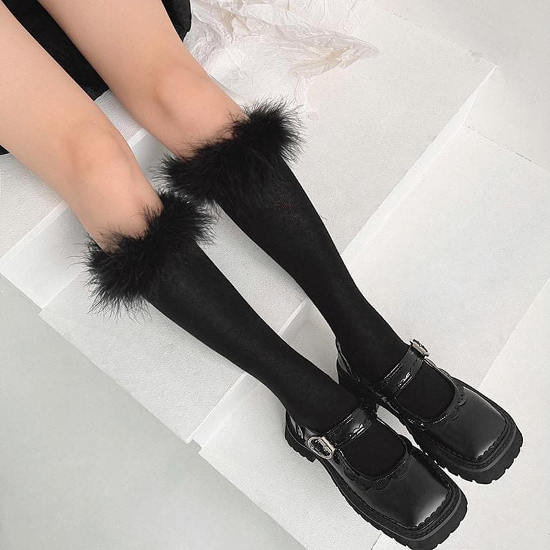 Luxe Feather-Trim Black Knee-High Socks - Autumn Glam & Halloween Ready!
