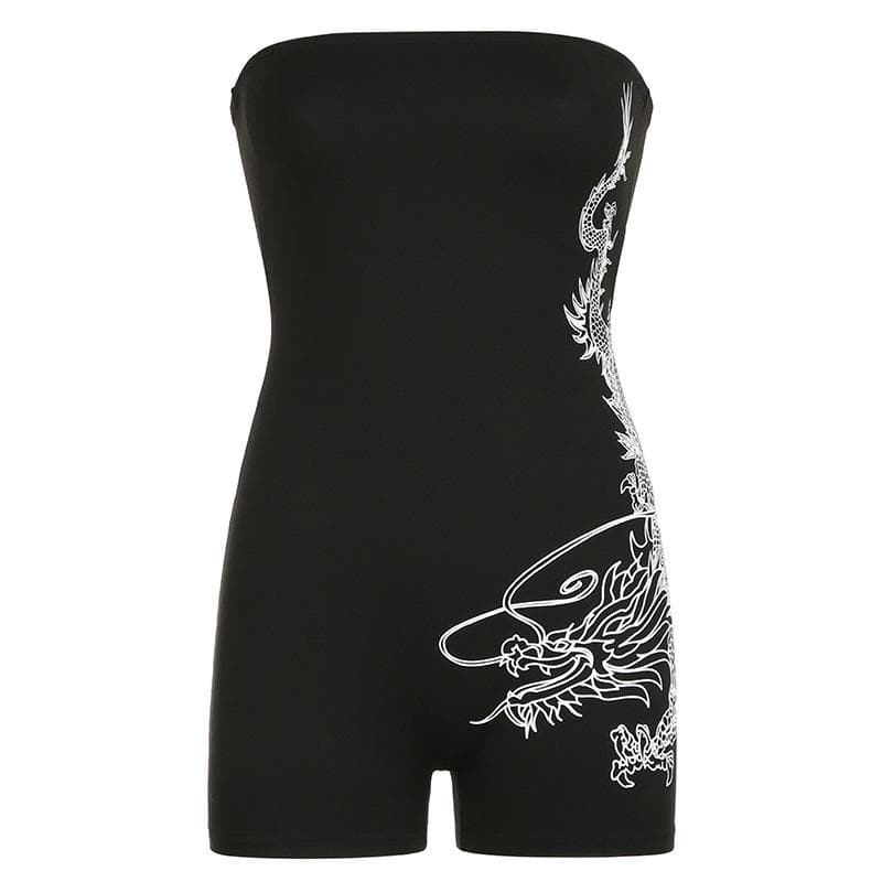 Slay the Scene: Edgy Dragon Print Strapless Romper - Your Ultimate Fall & Halloween Party Statement
