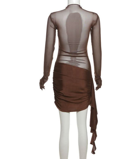 Bronze Siren: Sheer Mesh Ruched Mini Dress with Built-in Gloves - Fall & Holiday Party Ready