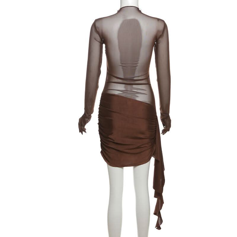 Bronze Siren: Sheer Mesh Ruched Mini Dress with Built-in Gloves - Fall & Holiday Party Ready
