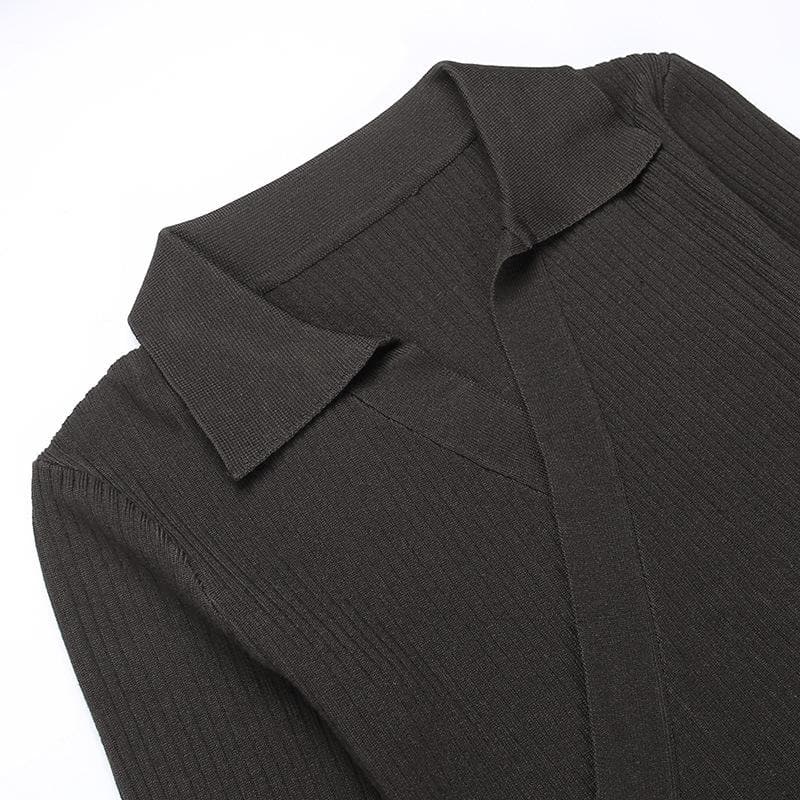 Elevated Fall Style: Ribbed Knit Wrap Midi Dress - Long Sleeve V-Neck Collar & Asymmetrical Hem