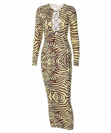 Daring Fall Zebra Print Lace-Up Bodycon Midi Dress - Long Sleeve Statement Style