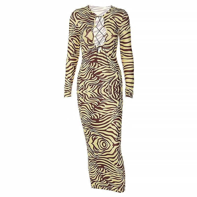 Daring Fall Zebra Print Lace-Up Bodycon Midi Dress - Long Sleeve Statement Style