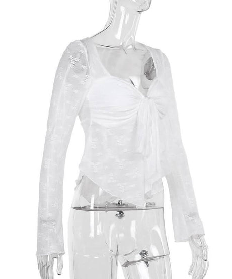 Autumn Whispers Sheer Floral Tie-Front Blouse - Romantic Y2K Long Sleeve Top for Women