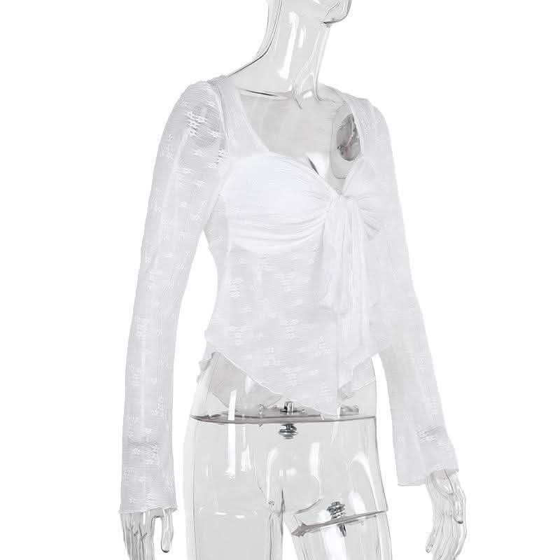 Autumn Whispers Sheer Floral Tie-Front Blouse - Romantic Y2K Long Sleeve Top for Women