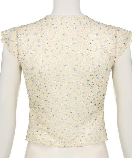 Dainty Coquette Floral V-Neck Top | Romantic Lace Trim & Bow Cap Sleeve Blouse