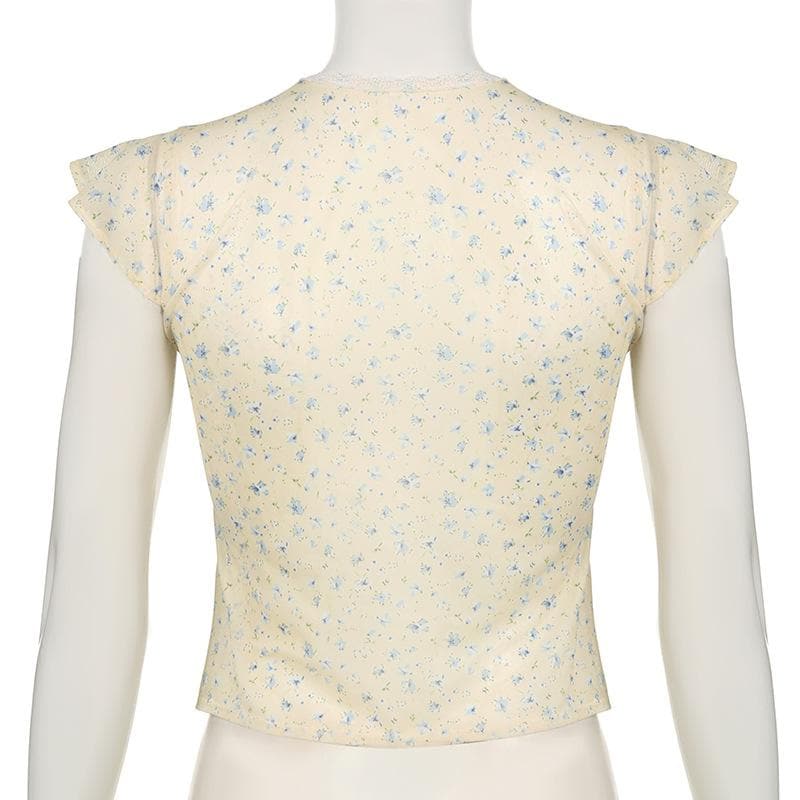Dainty Coquette Floral V-Neck Top | Romantic Lace Trim & Bow Cap Sleeve Blouse