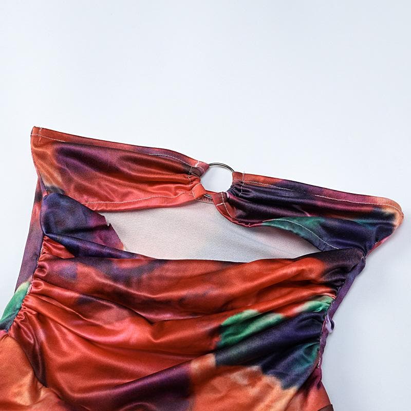 Autumn Bloom Strapless O-Ring Ruffle Midi Dress - Vibrant Party & Cocktail Chic