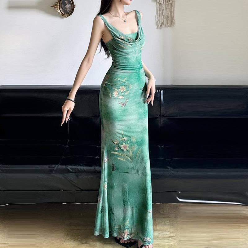 Dreamy Butterfly Print Ruched Mesh Maxi Dress | Cowl Neck & Mermaid Hem for Effortless Fall Style