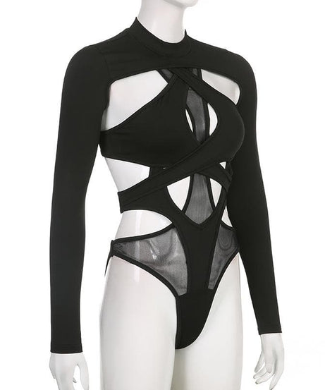 Edgy Long Sleeve Cutout Mesh Bodysuit - Your Daring Night Out & Halloween Statement Piece