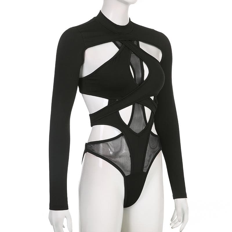 Edgy Long Sleeve Cutout Mesh Bodysuit - Your Daring Night Out & Halloween Statement Piece