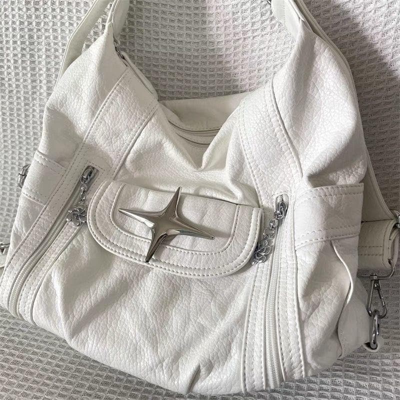 Y2K Chic White Star Crossbody Bag - Faux Leather Hobo Shoulder Purse for Fall Style