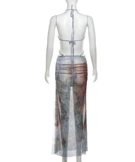 Mystic Shores Halter Maxi Dress - Shell Embellishment & Ombre Fall Print