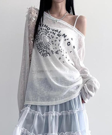 Y2K Coquette Sheer Knit Top - Off-Shoulder Graphic Long Sleeve for Fall