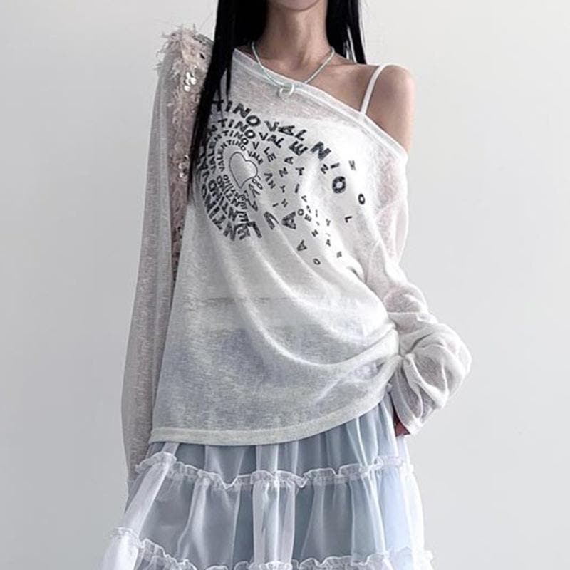 Y2K Coquette Sheer Knit Top - Off-Shoulder Graphic Long Sleeve for Fall