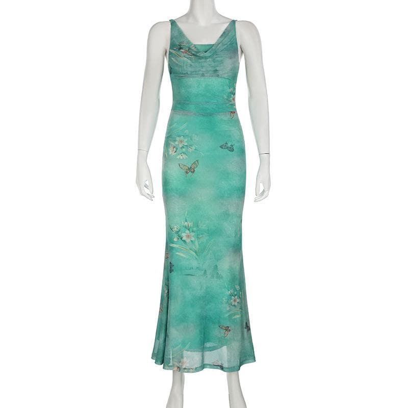 Dreamy Butterfly Print Ruched Mesh Maxi Dress | Cowl Neck & Mermaid Hem for Effortless Fall Style