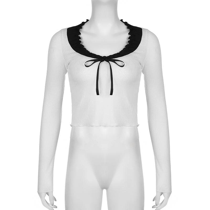 Fall Chic: Sweetheart Ruffle Tie-Front Ribbed Knit Long Sleeve Top